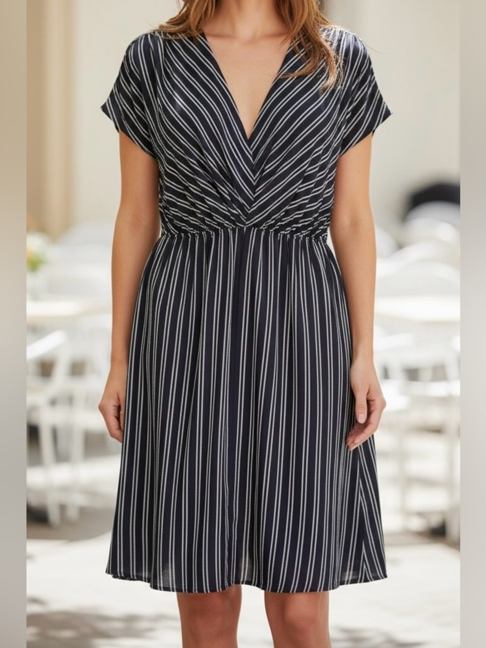 Banana Republic Blue White Striped Dress Size 6 V-Neck Elastic Waist